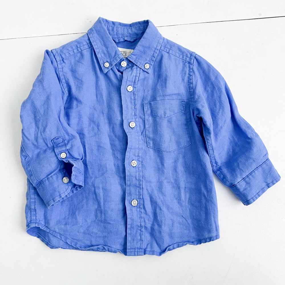 Toddler Boys Blue 100% Linen Button-Down Shirt - 18 Months